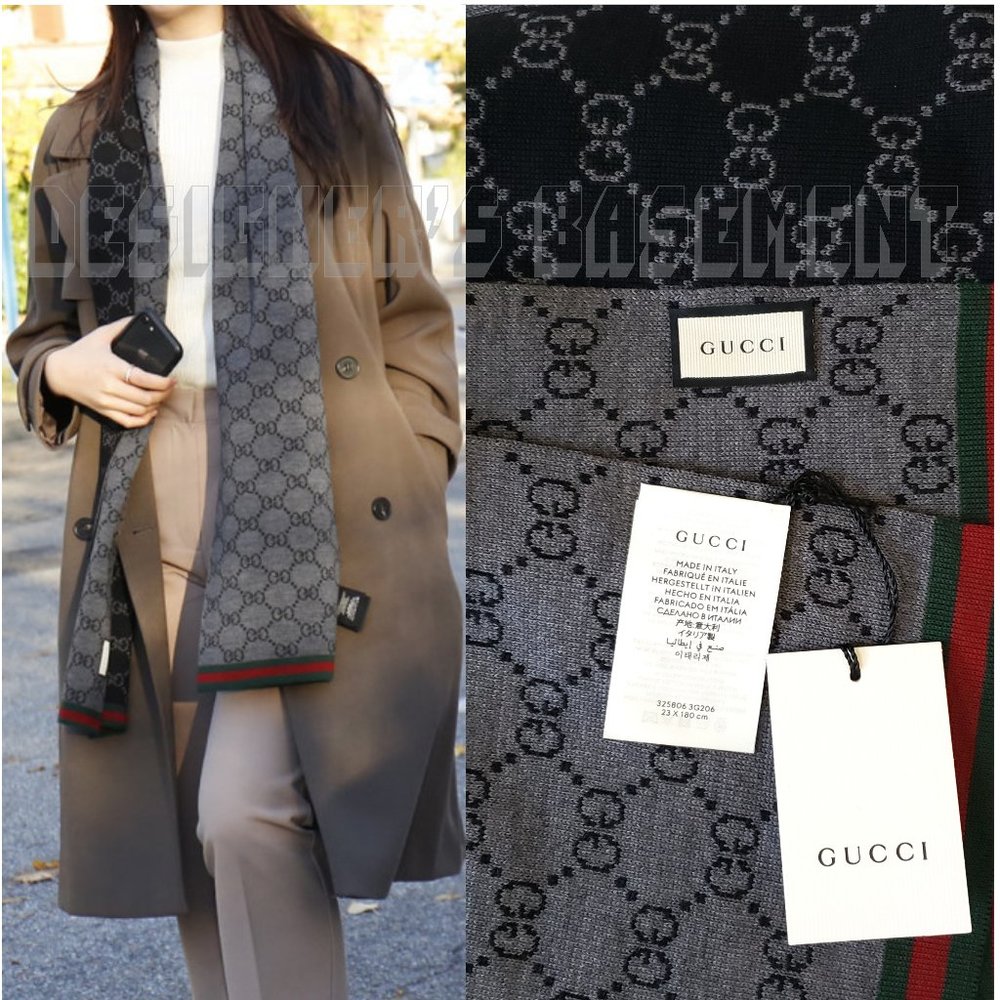 GUCCI black /gray SOLANGE Original GG red & green WEB wool reversible long scarf